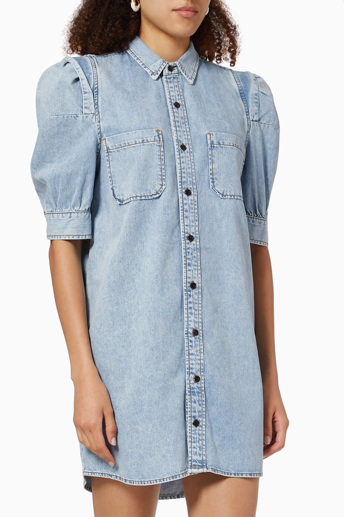 Rosette Sleeve Shirt Dress in Denim, Blue