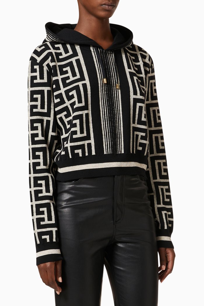 Crop Hoodie in Monogram Wool, White