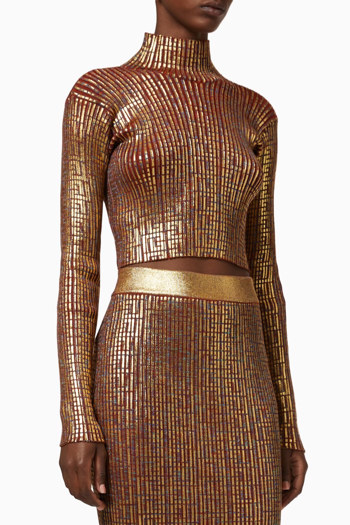 

Turtleneck Crop Sweater in Monogram Wool, Gold