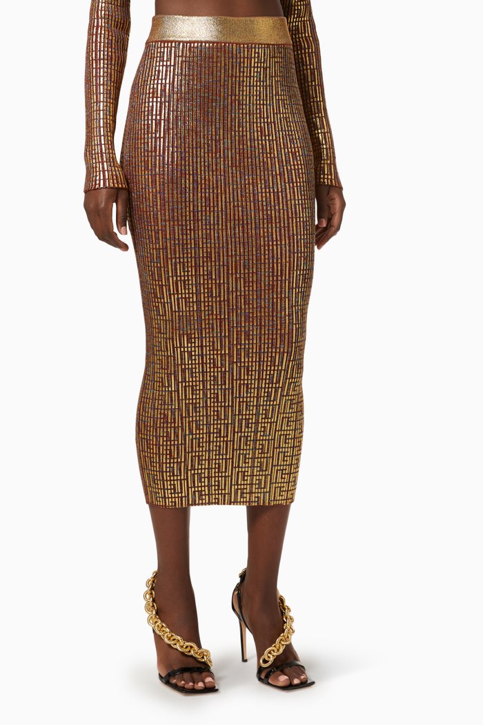 

Midi Skirt in Metallic Monogram Knit, Gold