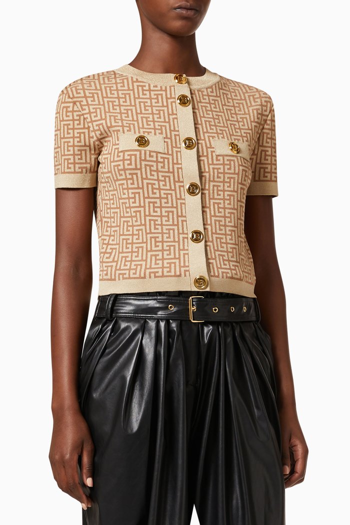 

Button Crop Cardigan in Monogram Knit, Gold