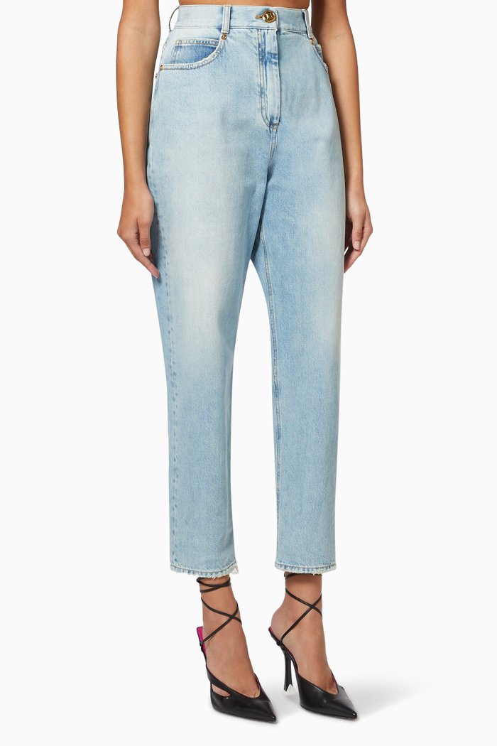 

Embossed Logo Boyfriend Jeans in Cotton Denim, Blue