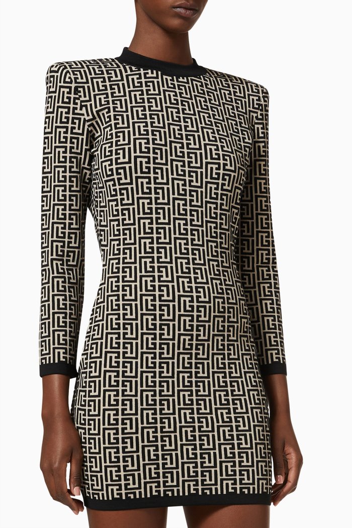 

Padded Shoulder Mini Dress in Monogram Jacquard, White