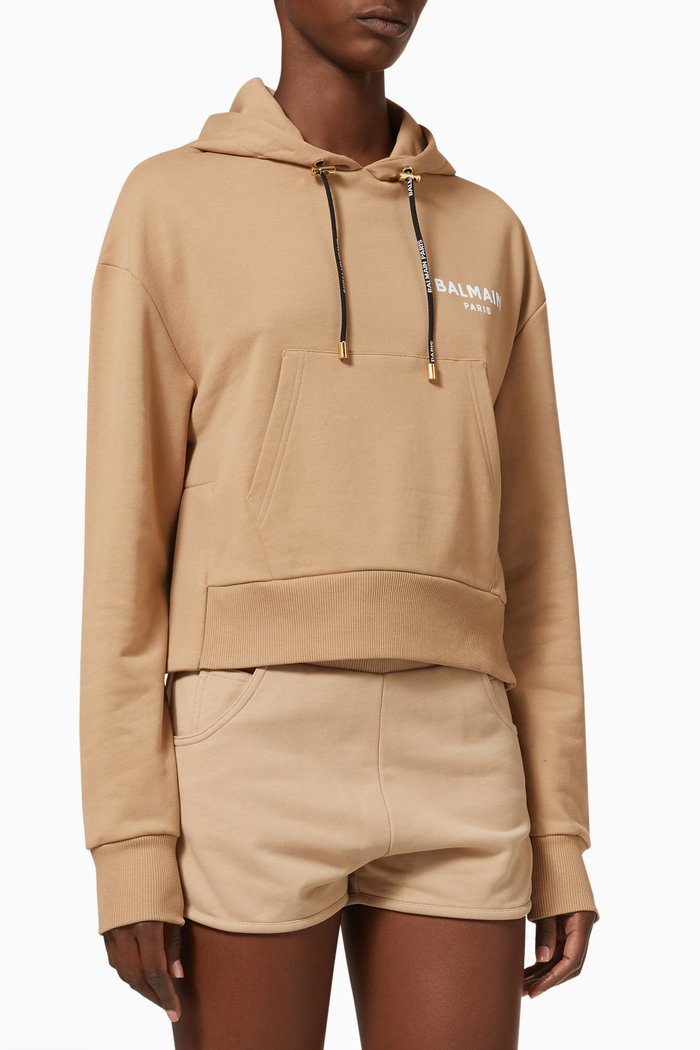 

Cropped Logo Hoodie in Flocked Cotton, Neutral