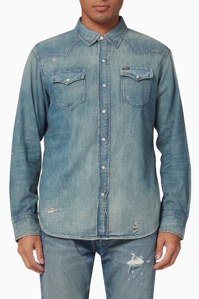 Western Shirt in Distressed Denim, Blue