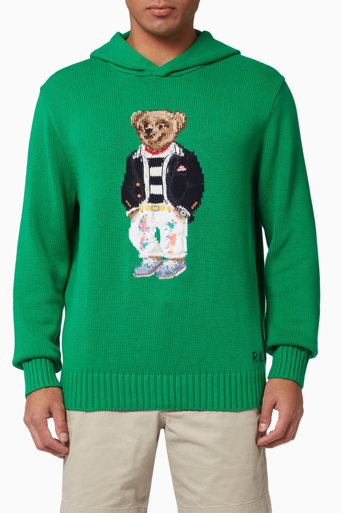 

Polo Bear Hooded Jumper in Cotton Knit, Green