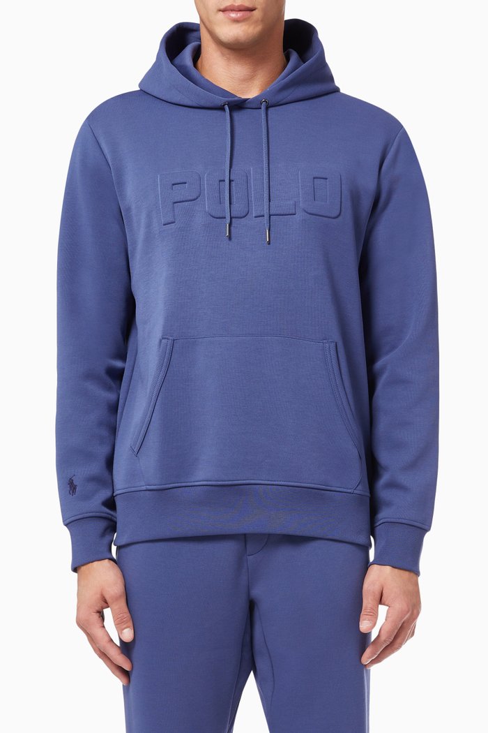 

Embossed Logo Hoodie in Cotton Blend, Blue