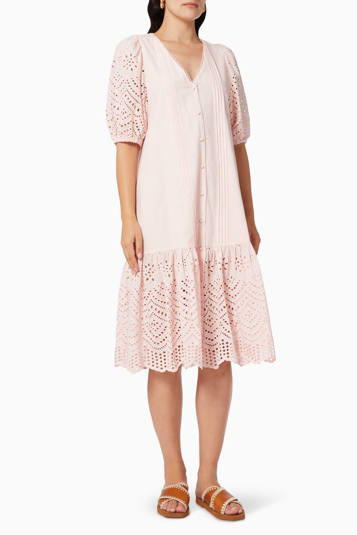 

Elsie Button Midi Dress in Cotton, Pink