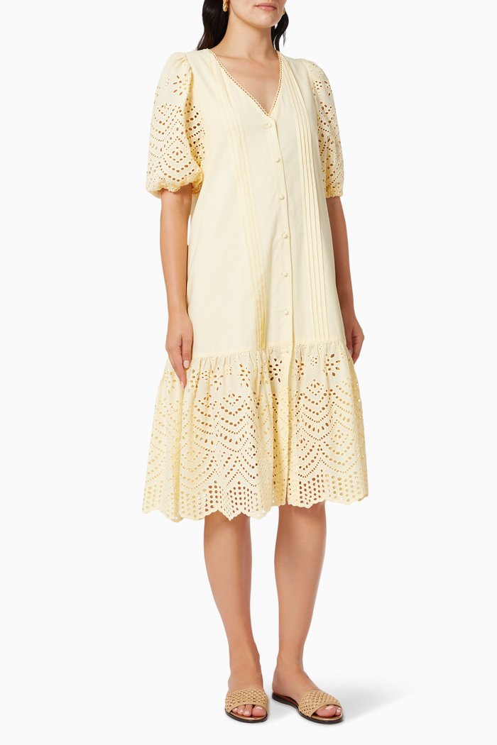 

Elsie Button Midi Dress in Cotton, Yellow