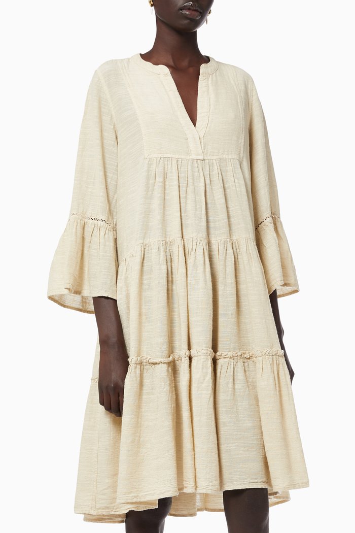 

Tiered Midi Dress in Linen blend, Neutral