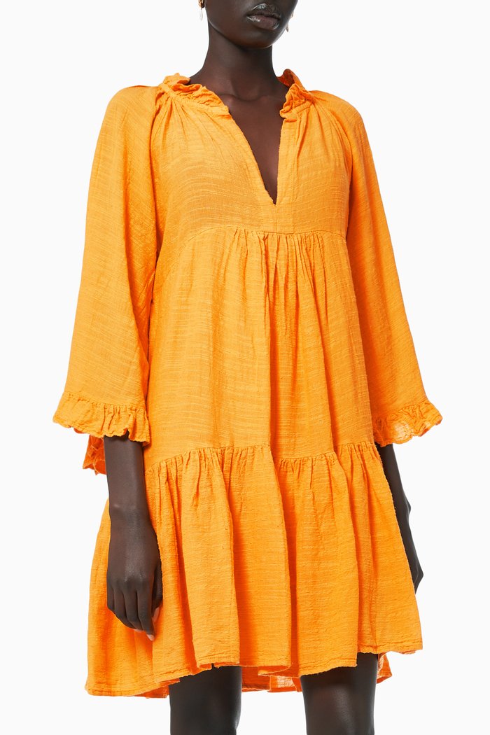 

Tiered Frill Dress in Linen blend, Orange
