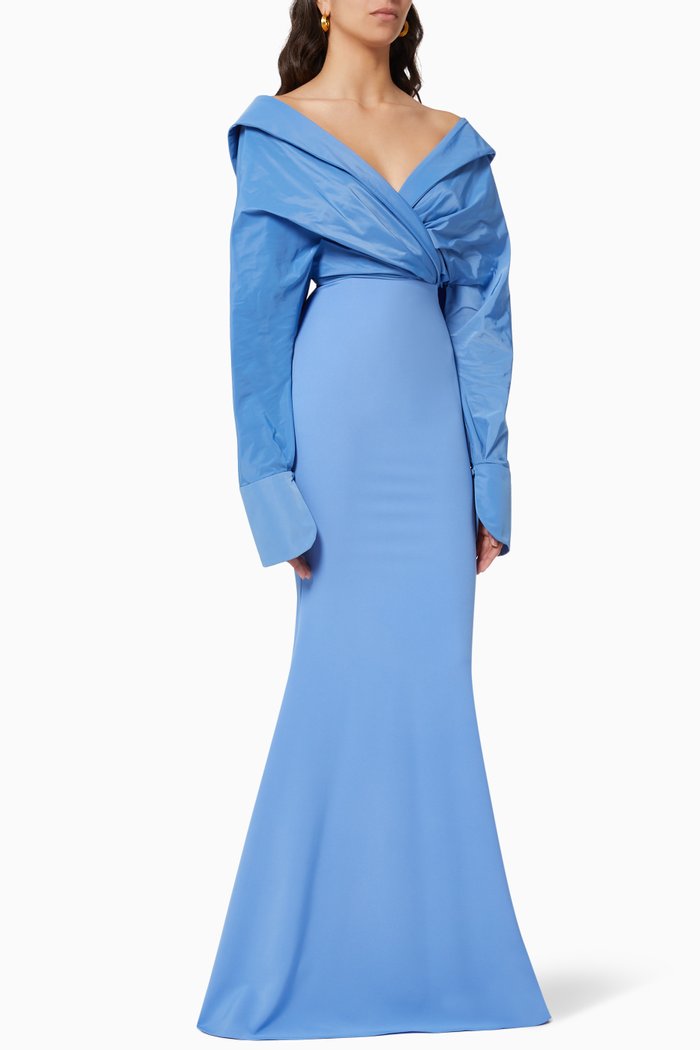 

Long Sleeve Dress in Taffeta, Blue