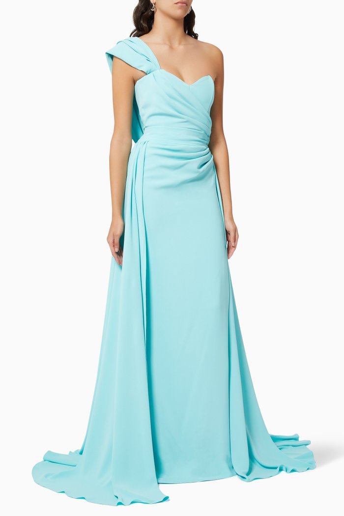 

One Shoulder Gown in Silk Crepe, Blue