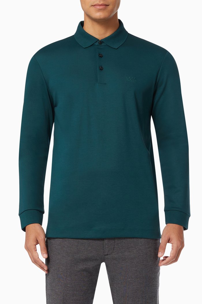 

Long Sleeve Polo Shirt in Cotton, Green
