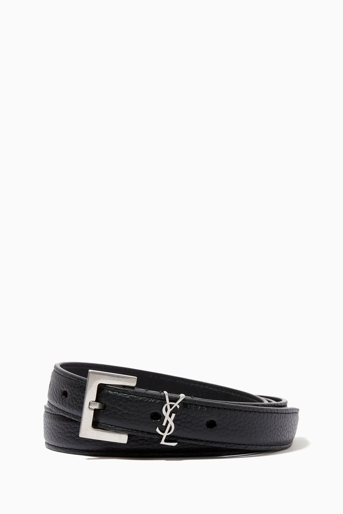 

Monogram Narrow Belt with Square Buckle in Grained Leather, Black