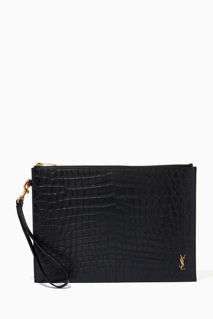 

Tiny Monogram Tablet Holder in Crocodile-embossed Matte Leather, Black