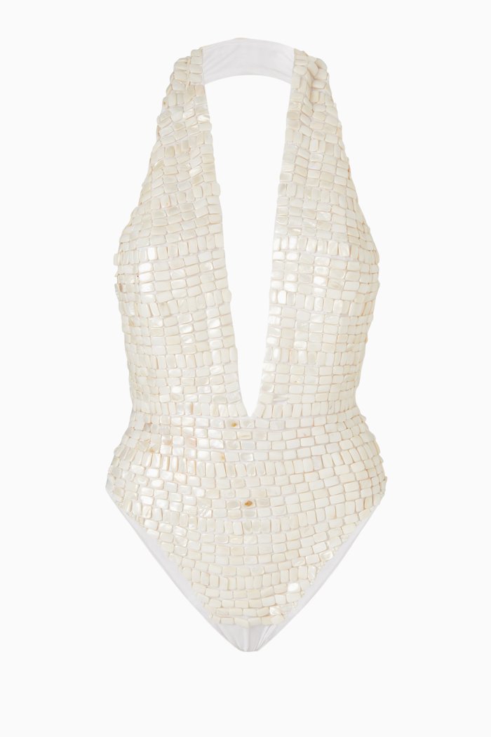 

Voluptas Mother-of-Pearl Embellished Swimsuit, White