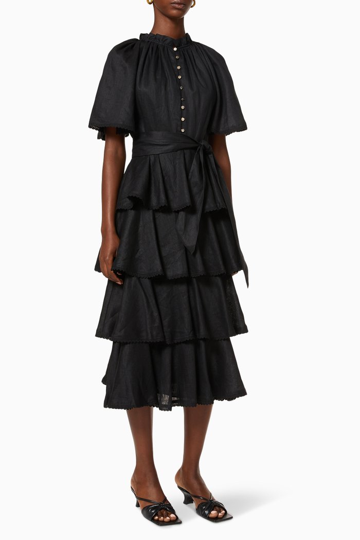 

Current Tiered Dress in Linen, Black