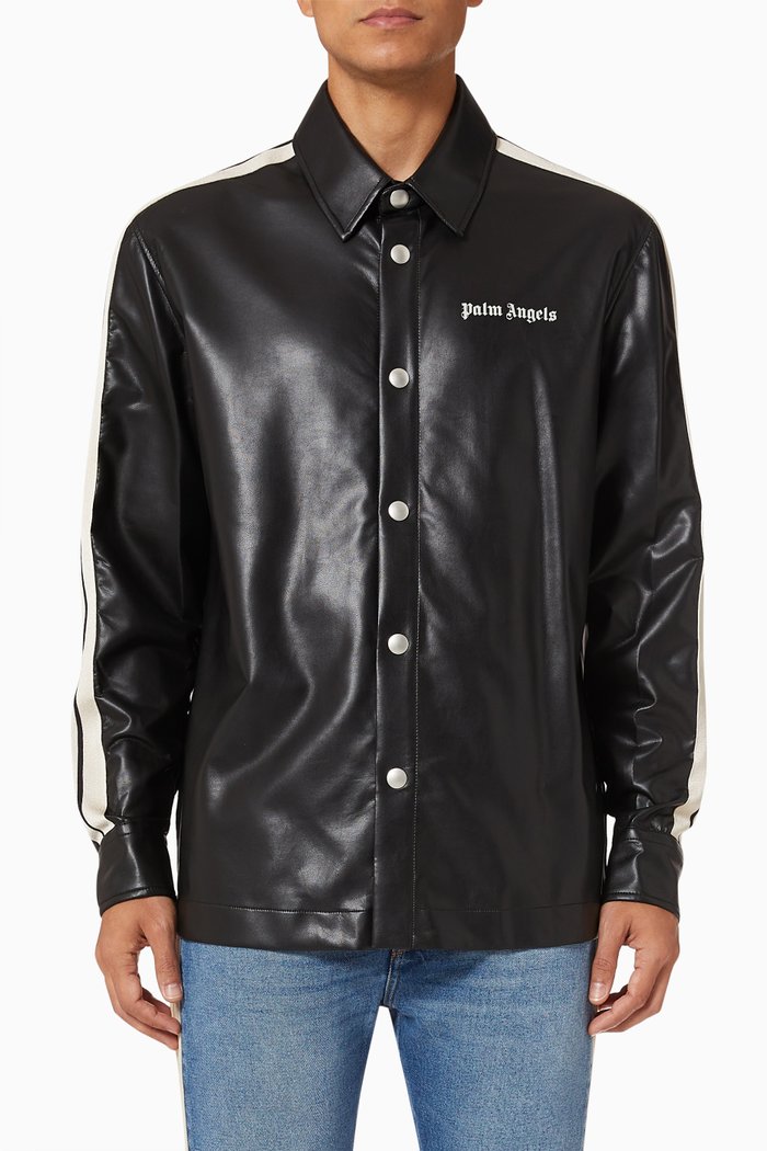 

Long Sleeve Track Shirt in Faux Leather, Black