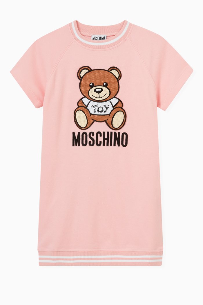 

Embroidered Teddy Bear Print Dress, Pink