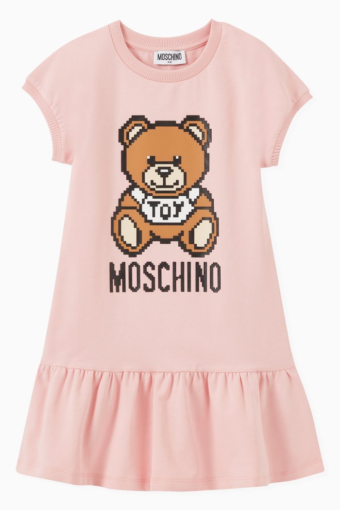 

Pixelated Teddy Bear Dress in Cotton Fleece, Pink