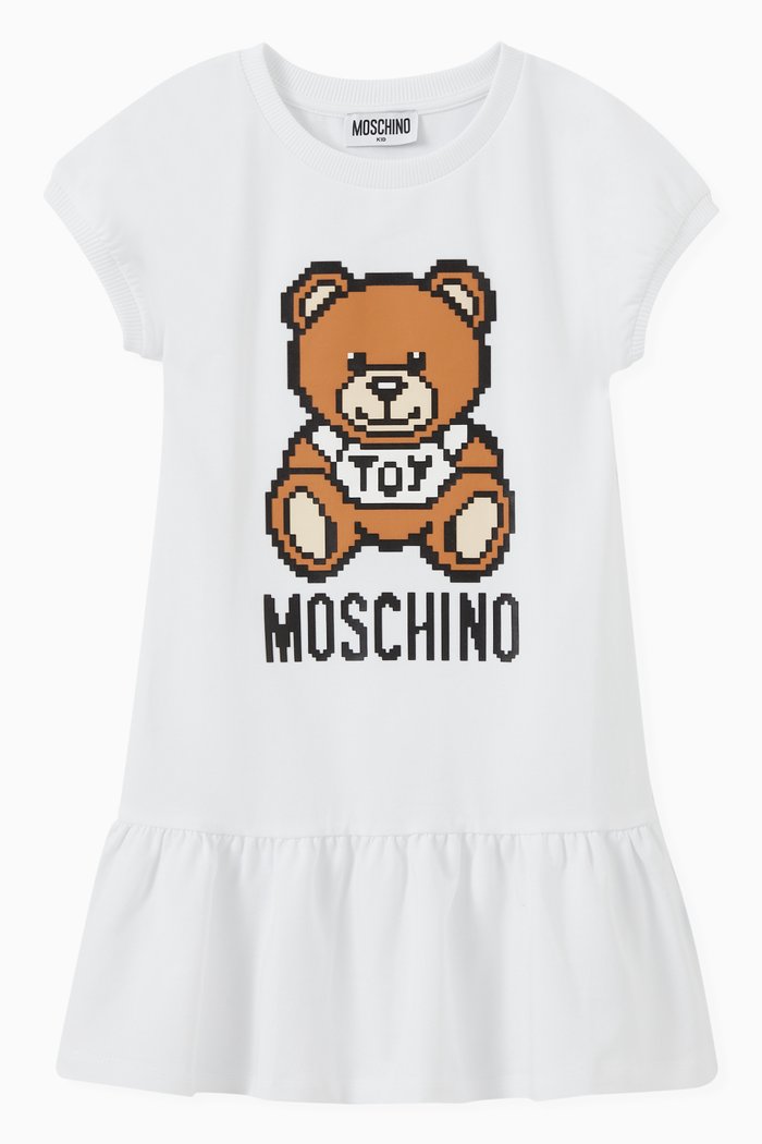 

Pixelated Teddy Bear Dress in Cotton Fleece, White