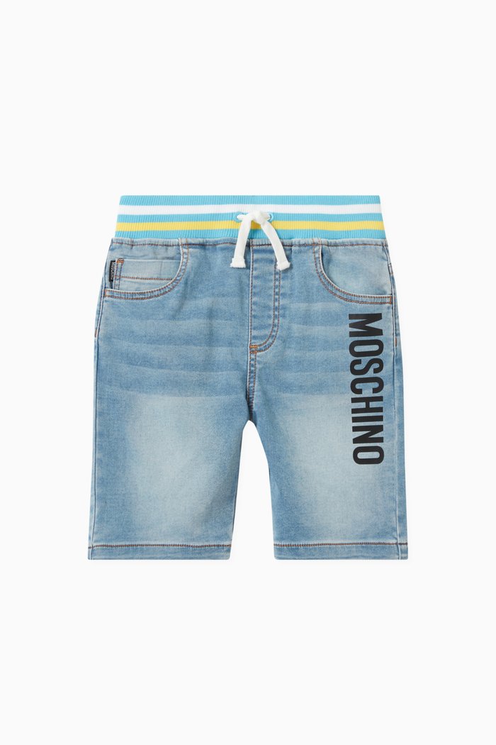 Contrast Stripe Waistband Shorts in Denim, Blue