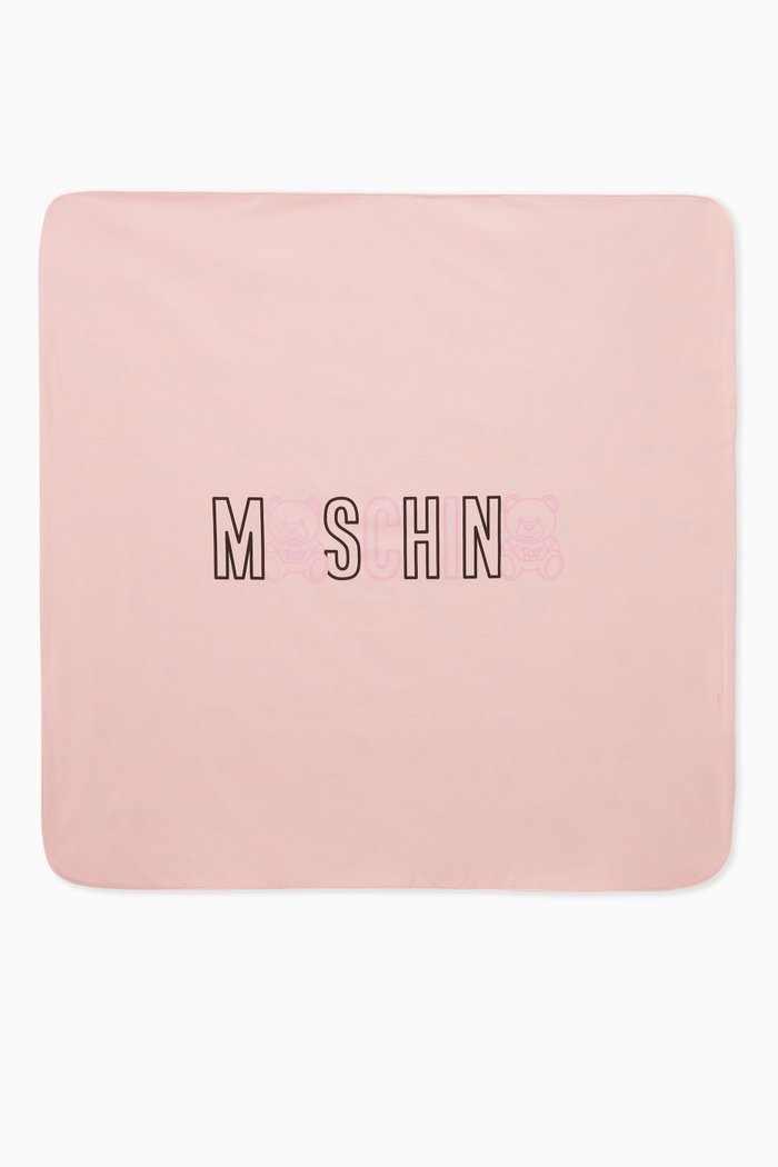 

Teddy Bear & Logo Print Blanket in Cotton, Pink