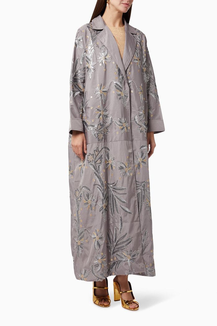 

Floral Embroidered Open Coat, Grey