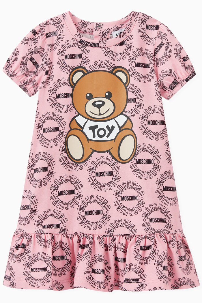 

All-over Logo & Teddy Bear Print Dress, Pink