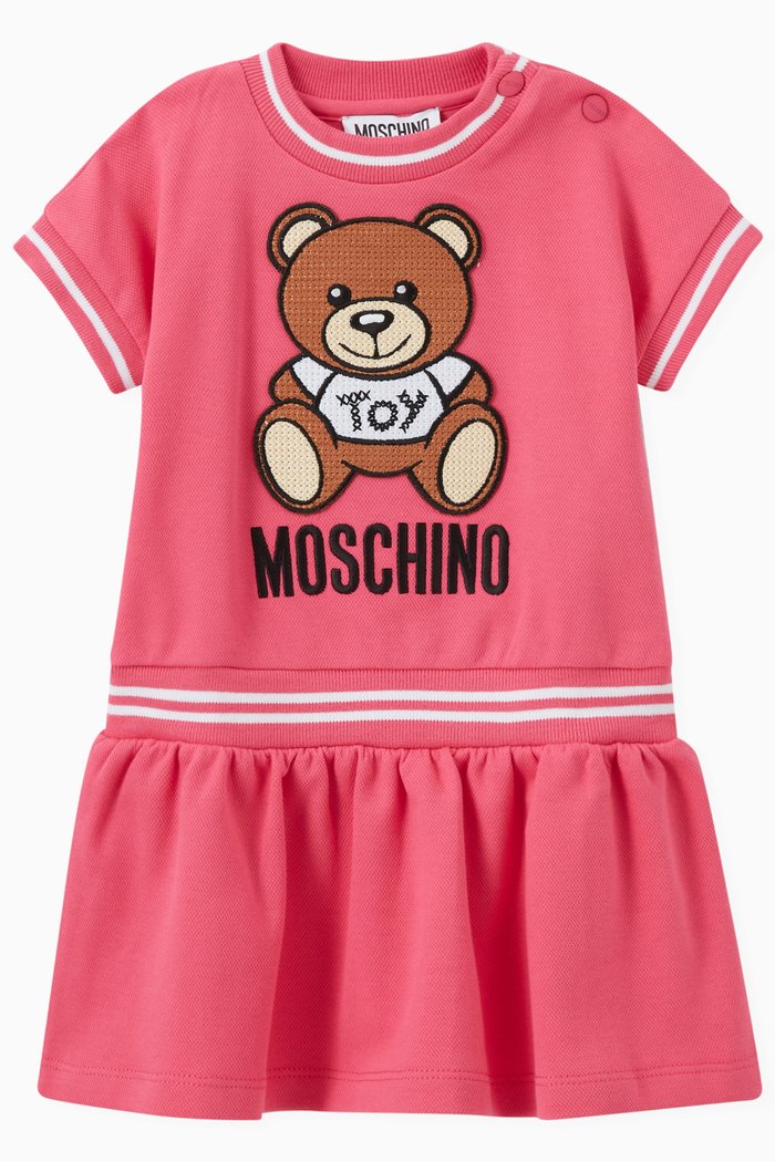 

Embroidered Teddy & Logo Dress in Cotton, Pink