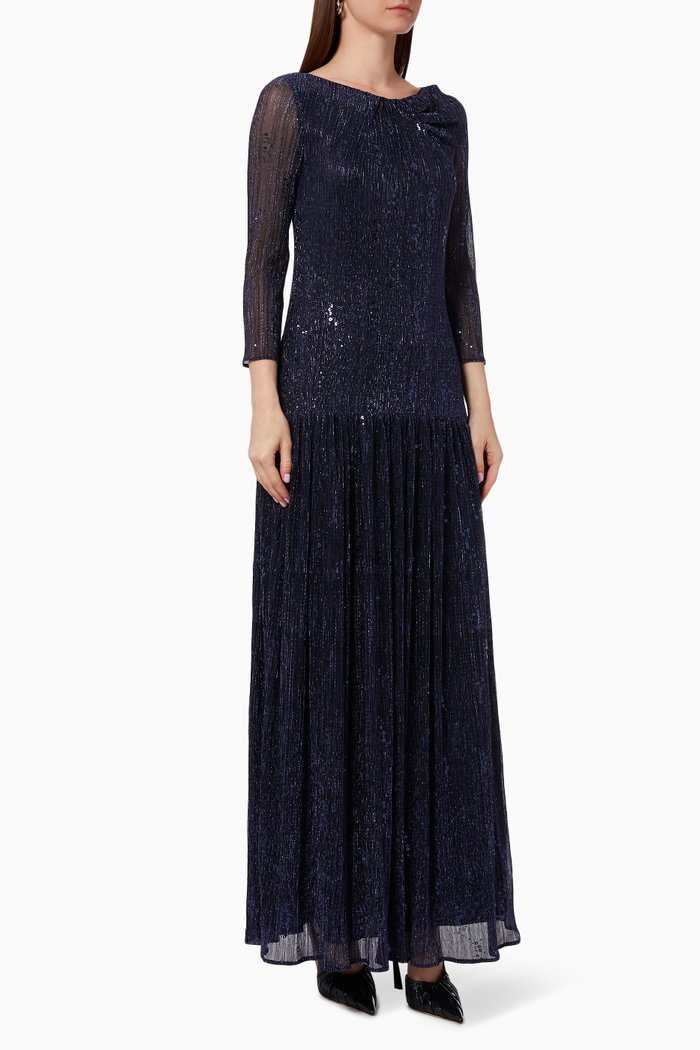 Sequin Evening Dress in Metallic Voile, Blue