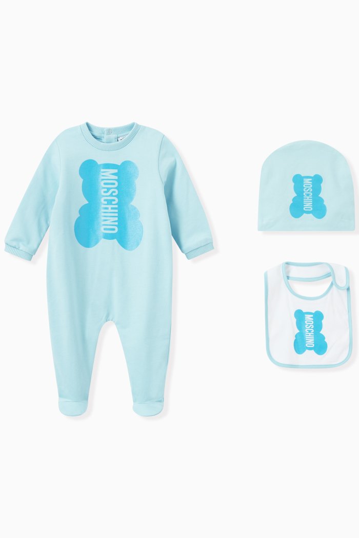 

Teddy Shape Onesie, Hat & Bib Set, Blue