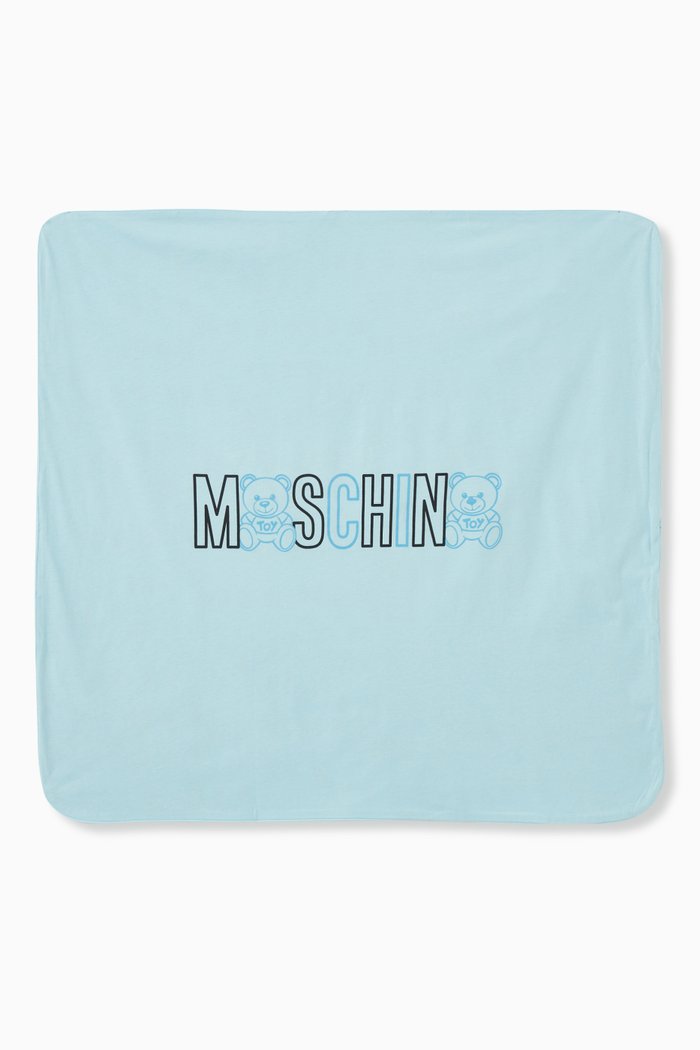 

Teddy Bear & Logo Print Blanket in Cotton, Blue