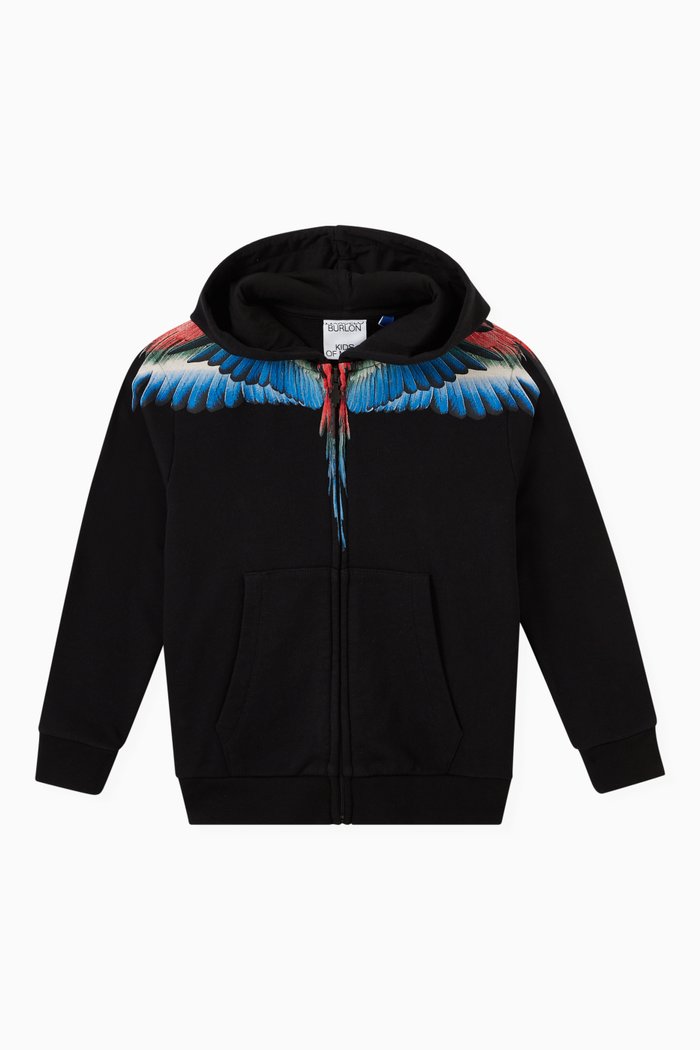 

Wing Pattern Zip-Up Hoodie in Cotton Blend, Black