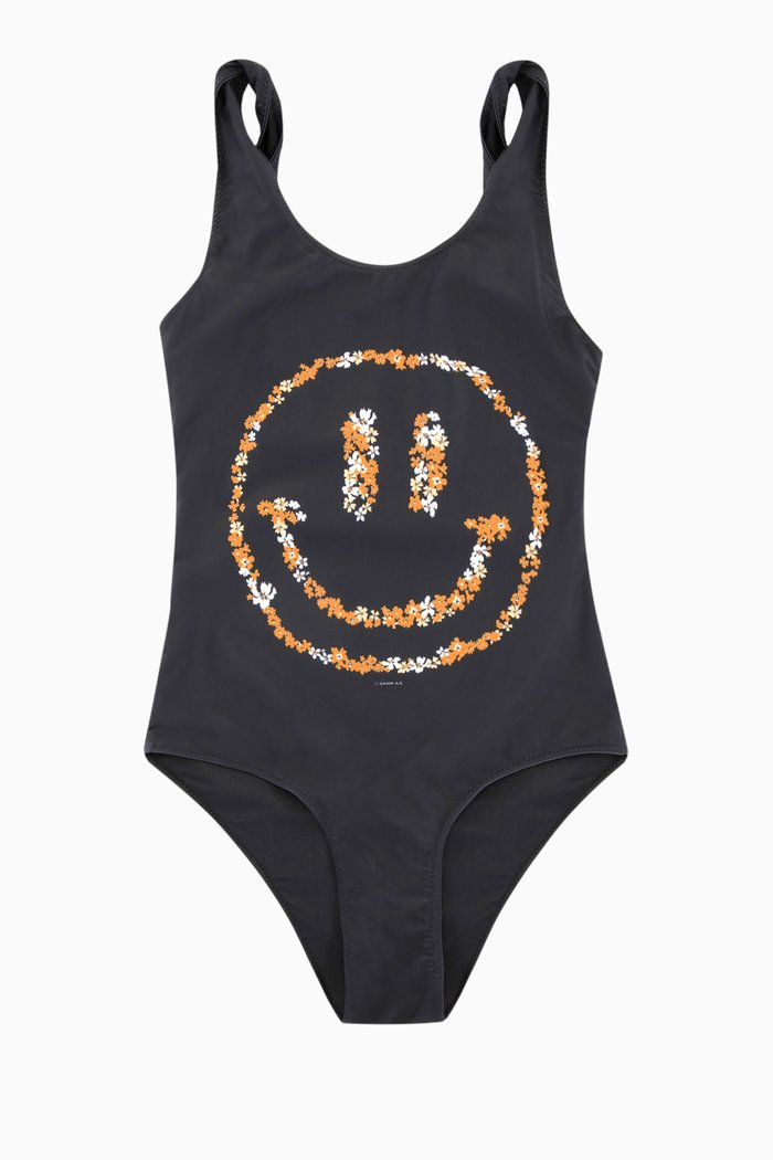

Floral Smiley Swimsuit in Recycled Nylon, Black