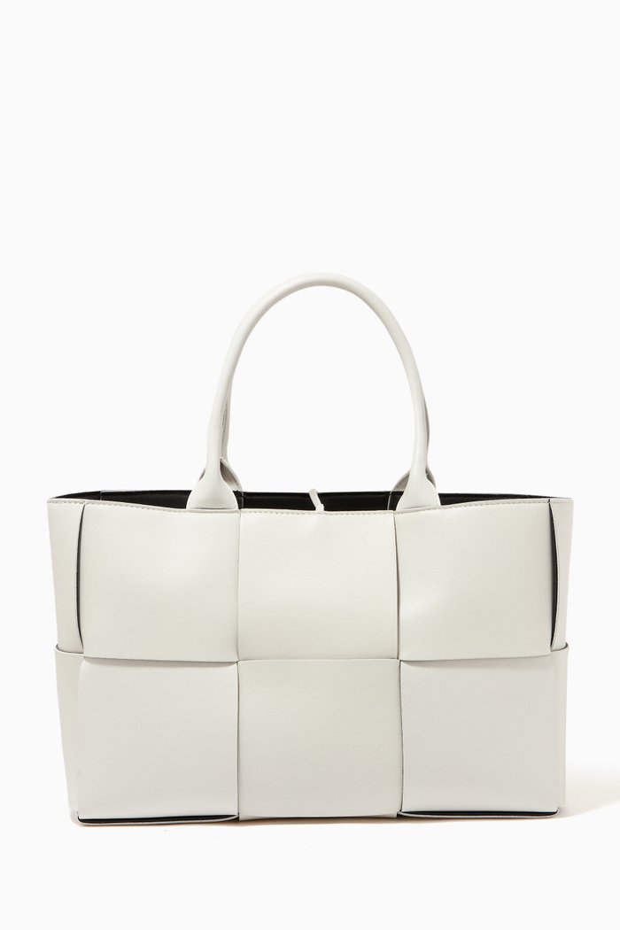 Small Arco Intrecciato Leather Tote Bag, White