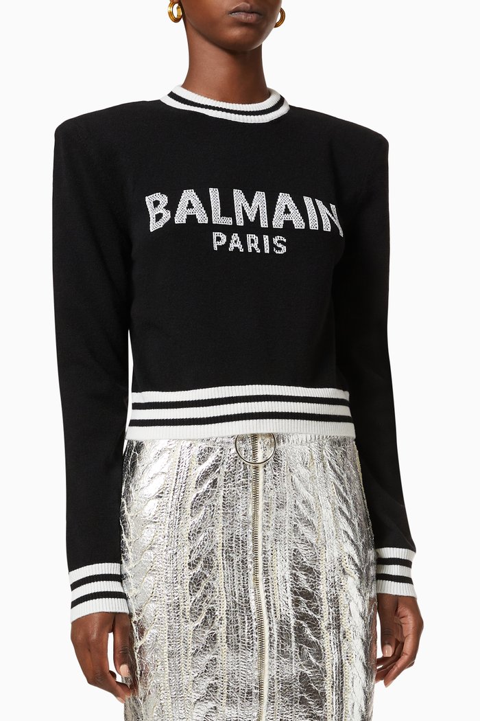 

Logo Intarsia Crop Jumper in Wool Knit, Black