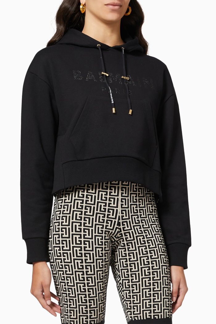 

Strass Logo Crop Hoodie in Cotton Fleece, Black