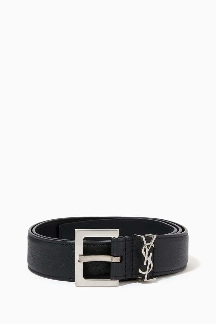 

Monogram Belt with Square Buckle in Grain de Poudre Leather, Black