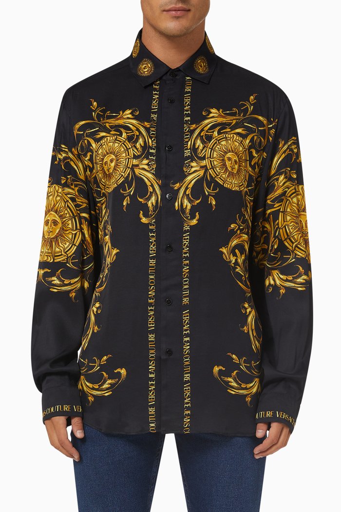 Baroque Sun Print Shirt in Cotton Poplin, Black