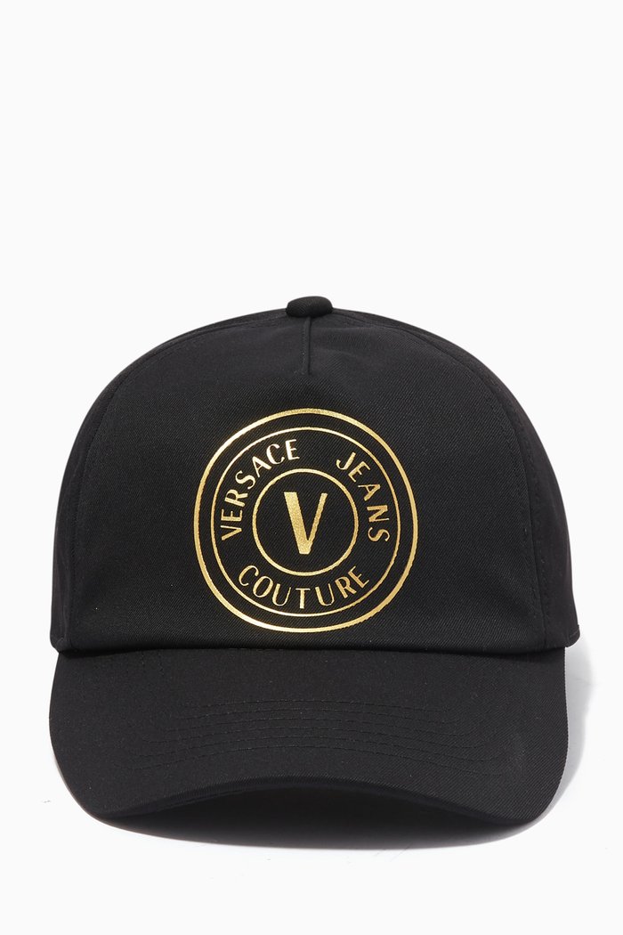 

V Emblem Logo Baseball Cap in Cotton, Black