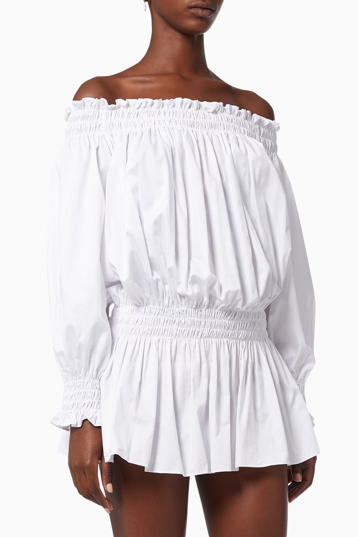

Peasant Mini Dress in Cotton Shirting, White