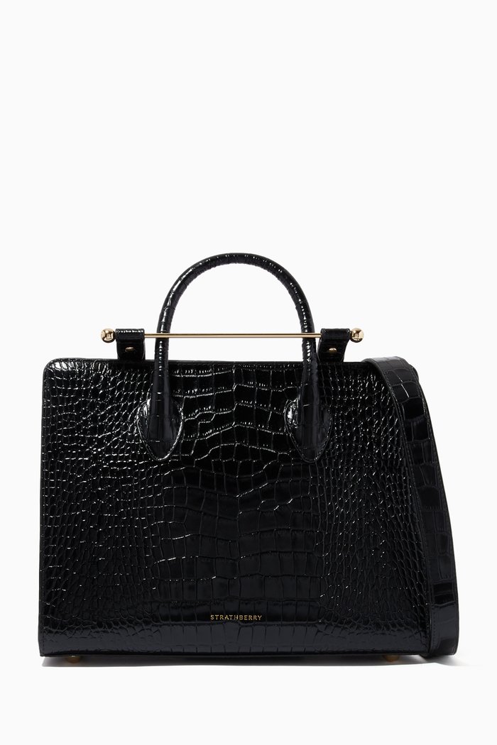 

Midi Tote Bag in Croc-embossed Leather, Black