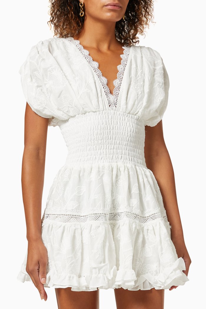 

Palomas Mini Dress in Embroidered Cotton, White