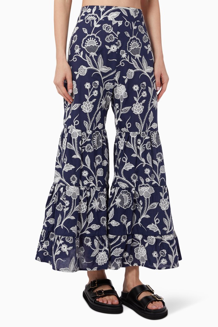 

Aquarelle Flared Pants in Embroidered Cotton, Blue