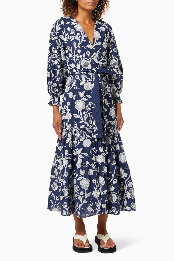 

El Jardin Kimono in Embroidered Cotton, Blue