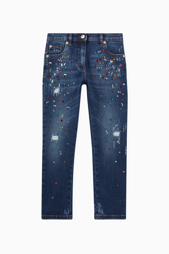 Multi Crystals Ripped Jeans in Denim, Blue