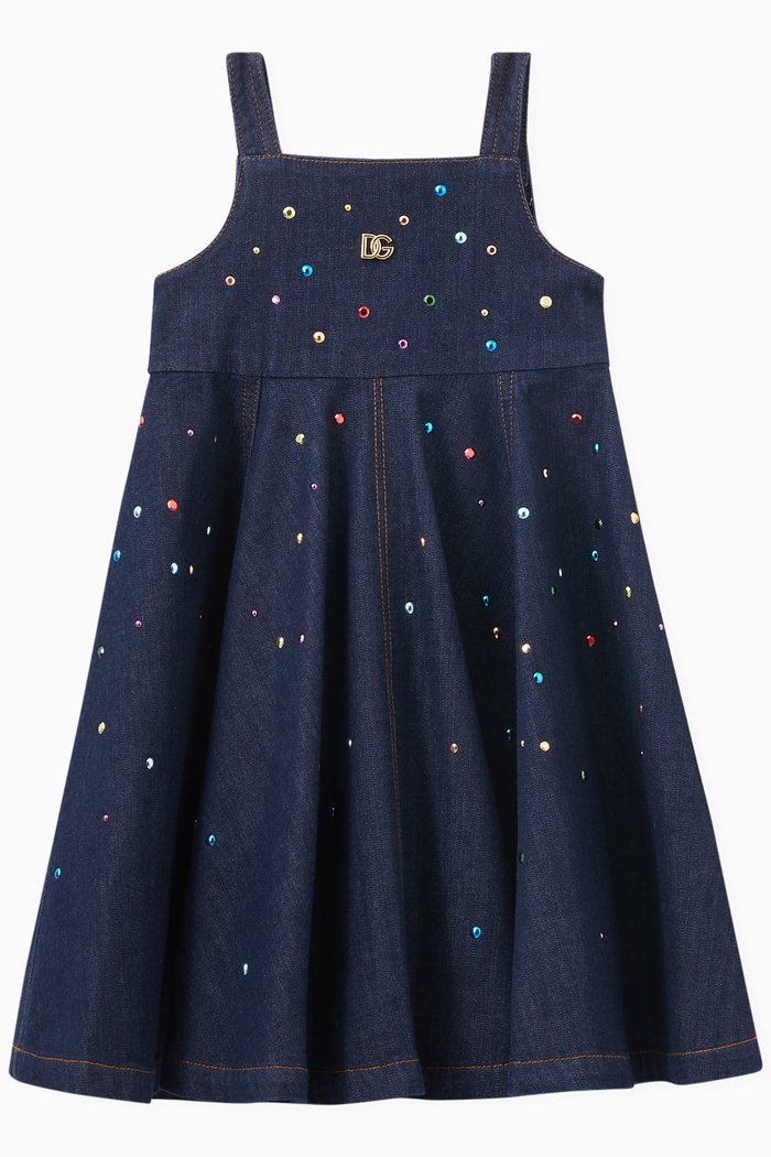Multi Embellished Rhinestone Dress in Denim, Blue