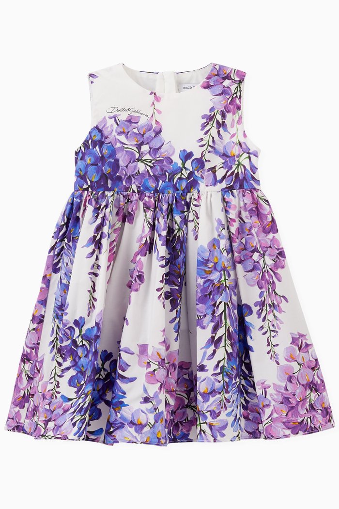 

Wisteria Print Midi Dress in Cotton Poplin, Purple